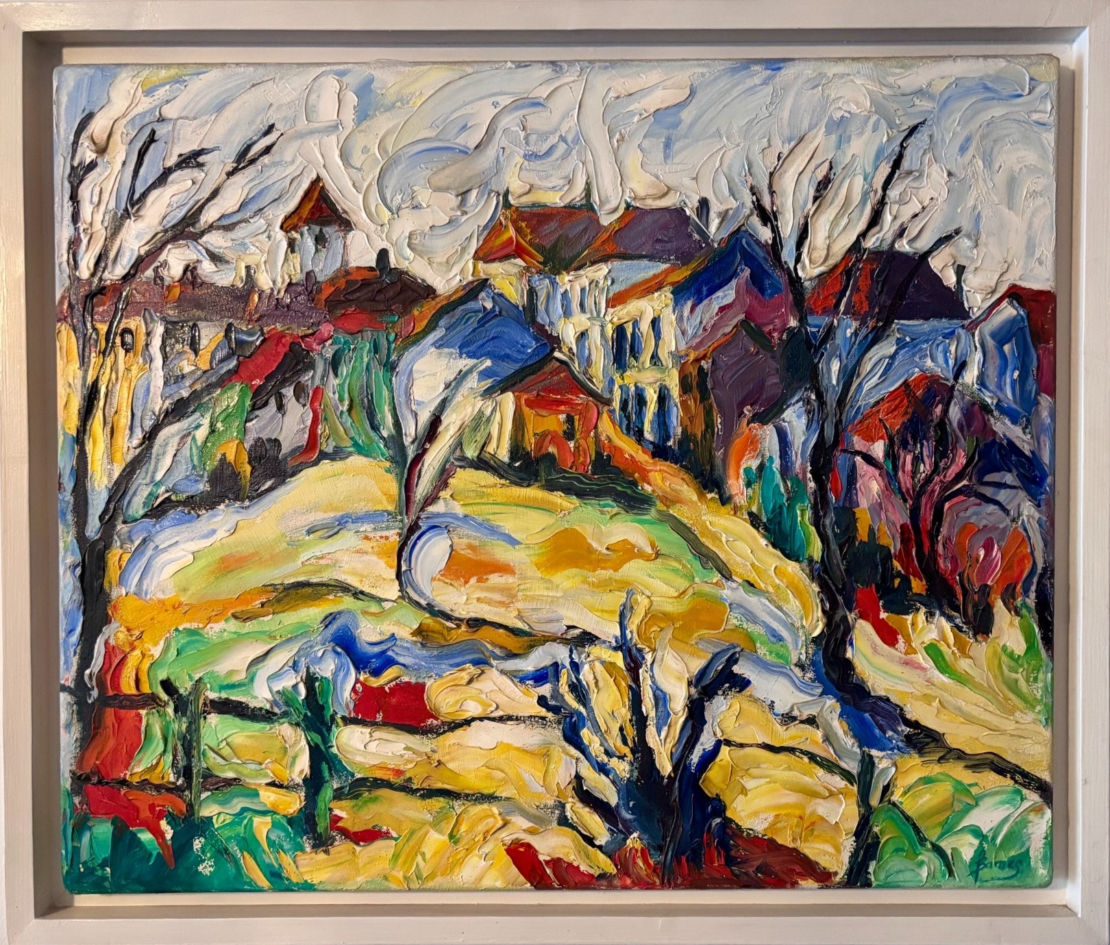 Tess Barnes painting of the village and gardens in winter, with expressive palette knifed paint textures in blue, yellow, red and white