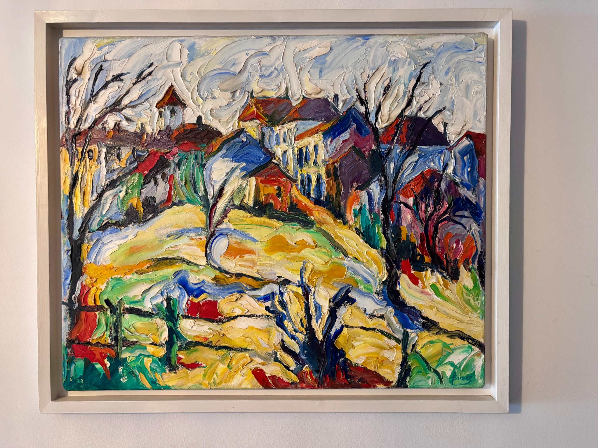 Sigoules in Winter, a vividly textured painting of a village landscape by Tess Barnes